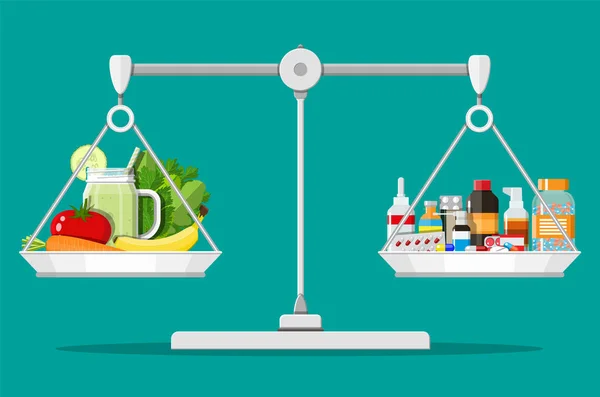 Balance scales with vegetables and drugs. — Stock Vector