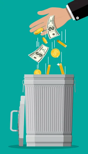 Επιχειρηματίας χέρι βάζοντας χαρτονομίσματα δολάρια σε σκουπίδια — Διανυσματικό Αρχείο