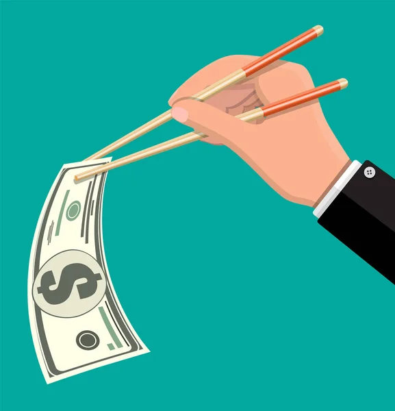 Hand of businessman with chopsticks with dollar — Stock Vector