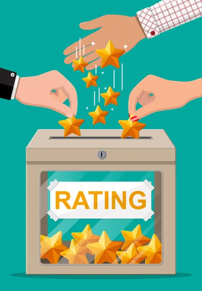 Rating doos en hand met gouden ster. — Stockvector