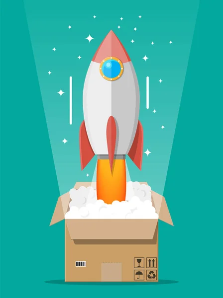 Cartoon rocket ejected from cardboard box. — Stock Vector