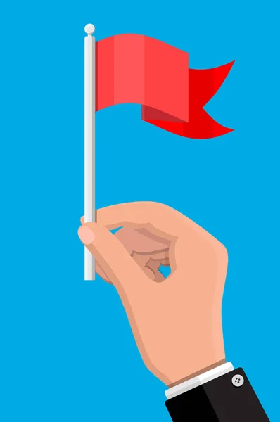 Bandera roja en asta de bandera de metal en la mano — Vector de stock