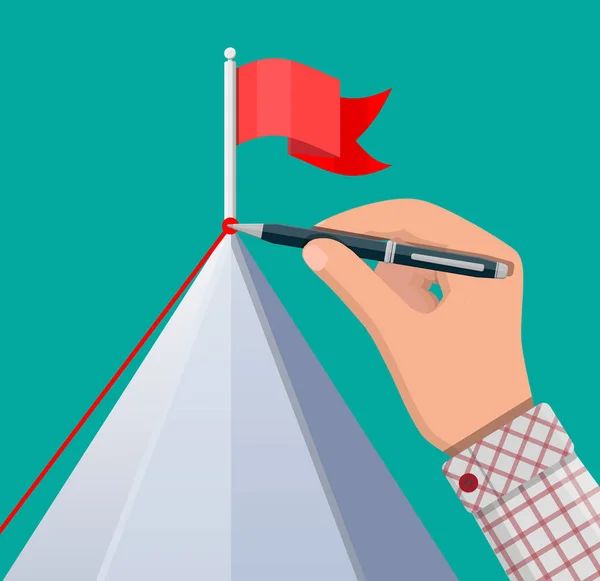 Empresario mano pone bandera en la cima de la montaña . — Vector de stock