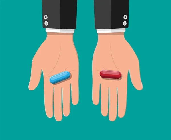 Mãos com comprimidos de cápsulas azuis e vermelhas . — Vetor de Stock