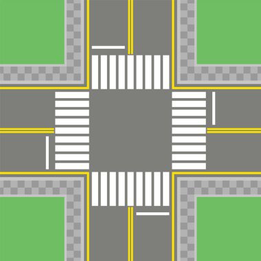 İşaretleme ile boş asfalt kavşak, yürüyüş yolları.