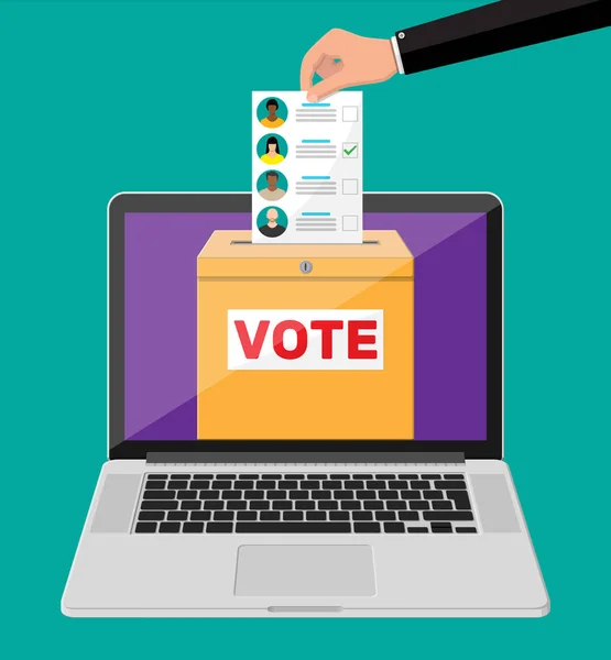 Ящик для голосования, документ с кандидатами на ноутбуке — стоковый вектор