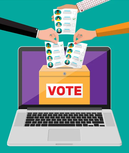 Szavazócédula doboz, dokumentum-val jelöltek-ra laptop — Stock Vector