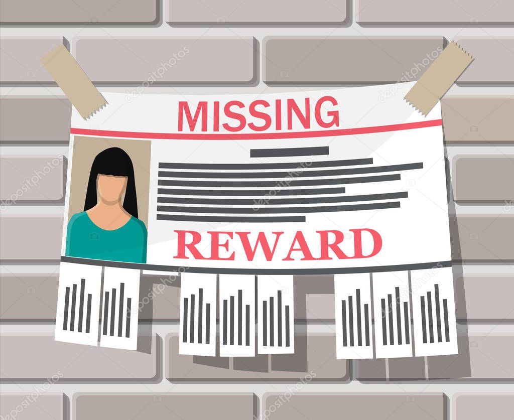 Wanted person paper poster. Missing announce