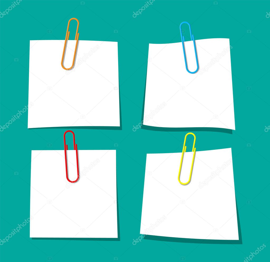 Empty paper sheet hanging with paper clip. Clerical clothespin. Education and work. Stationery and office supply. Memo or notes papers. White sheet papers for text. Vector illustration in flat style