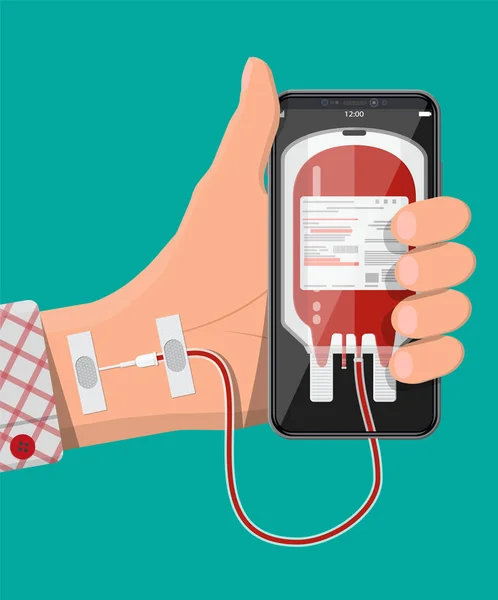 Mano conectada al teléfono inteligente con bolsa de sangre — Vector de stock