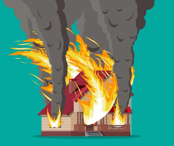 Деревянный дом горит. Пожар в коттедже . — стоковый вектор