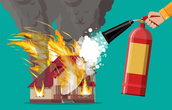 La casa arde. Apague el fuego en casa — Vector de stock