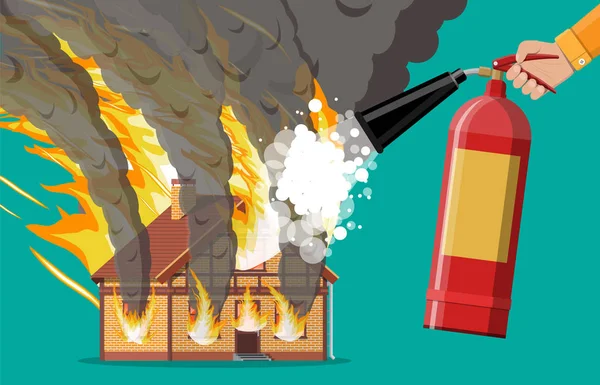 La casa arde. Apague el fuego en casa — Vector de stock