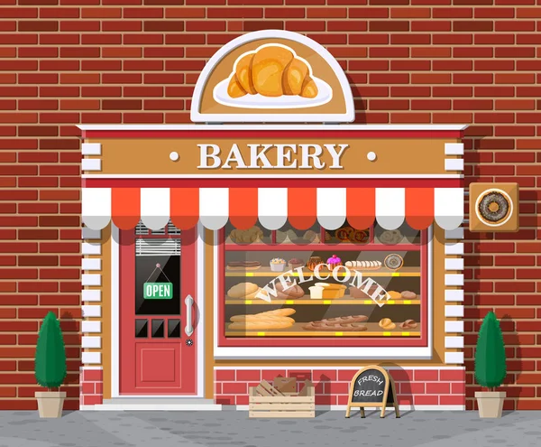 Bakery shop building facade with signboard. — Stock Vector