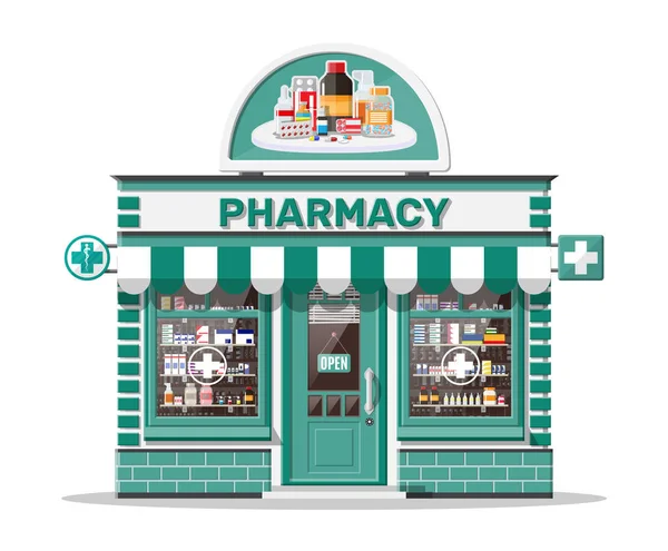 Farmacia de fachada o farmacia con letrero — Vector de stock