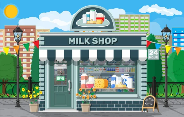 Молочний магазин або молочний магазин з вивіскою, тентом . — стоковий вектор