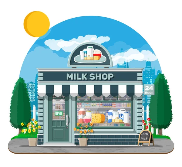 Caseificio o negozio di latte con cartello, tenda da sole . — Vettoriale Stock