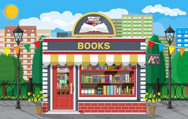 Bookstore shop exterior. Books shop brick building — Stock Vector