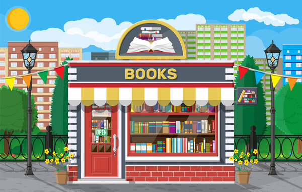 Bookstore shop exterior. Books shop brick building