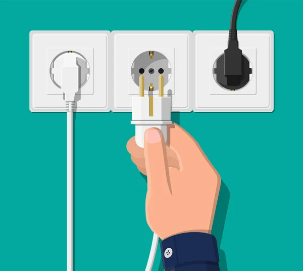 Electrical outlet and hand with plug. — Stock Vector