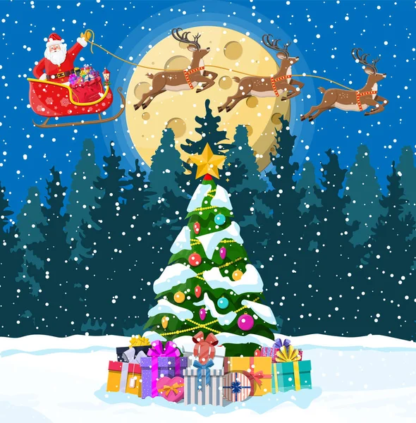 Navidad santa claus paseos reno trineo . — Vector de stock