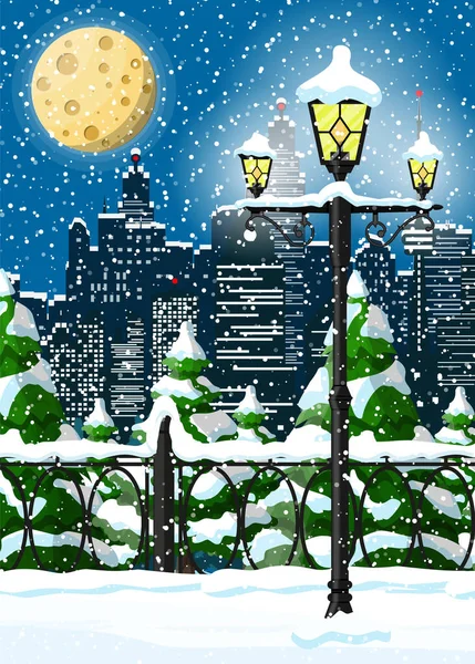 Paisaje urbano de invierno de Navidad, copos de nieve y árboles — Archivo Imágenes Vectoriales