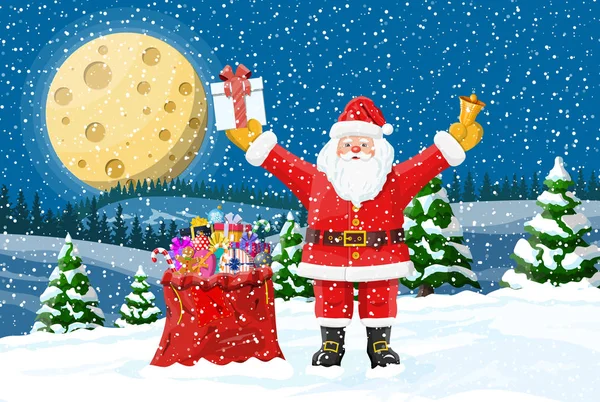 Jul bakgrund. Jultomte med väska gåvor — Stock vektor