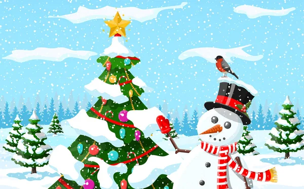 Julbakgrund. Snögubbe med gran träd. — Stock vektor