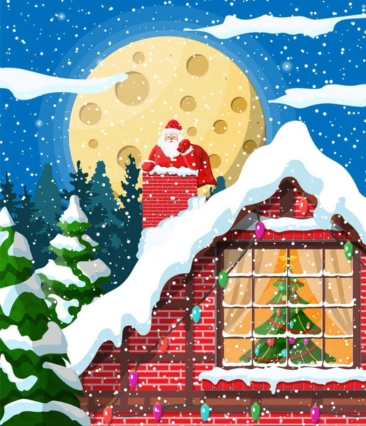 Santa claus s tašku s dárky v domě komín — Stockový vektor