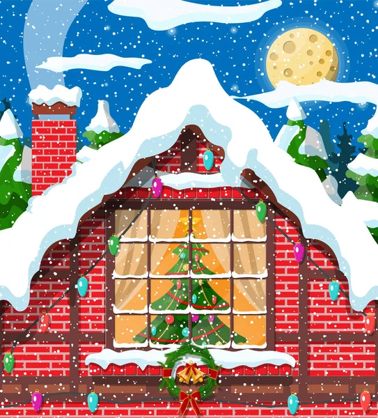 Kerst venster in bakstenen muur. — Stockvector