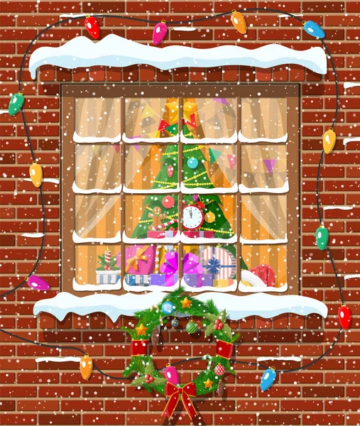 Christmas fönster i tegelvägg. — Stock vektor