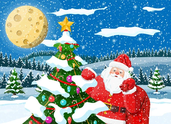 Fondo de Navidad. Santa Claus con regalos de bolsa — Vector de stock