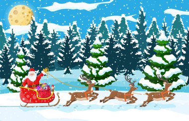 Christmas landscape. Santa rides reindeer sleigh