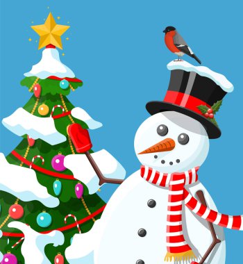 Funny snowman character and christmas tree