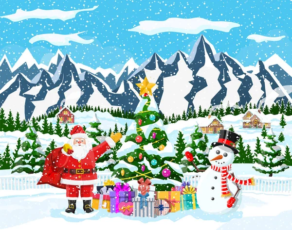 Christmas background. Santa claus with bag gifts — Stock Vector