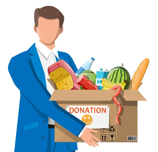 Man holding cardboard box full of food. — Stock Vector