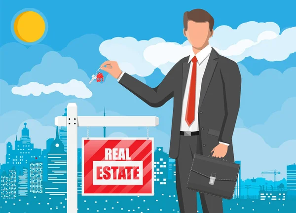 Imprenditore o agente immobiliare con chiave in mano . — Vettoriale Stock