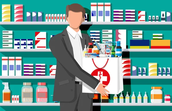 Een man met een tas voor de apotheek. — Stockvector