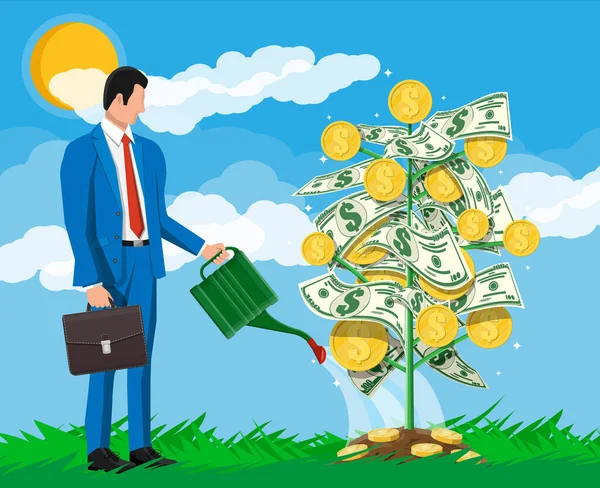 Empresario regando árbol de moneda de dinero con lata . — Vector de stock