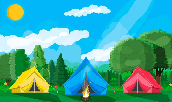 Meadow with grass and camping. — Stock Vector