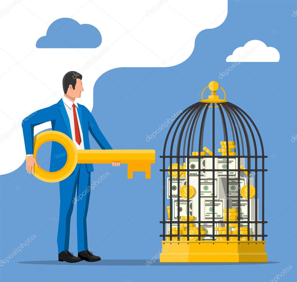 Businessman and cage with money