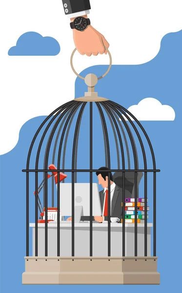 Homme d'affaires travaillant sur ordinateur dans la cage à oiseaux. — Image vectorielle