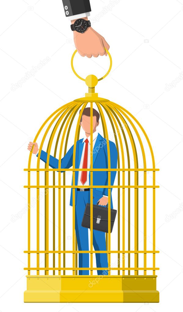 Business man locked in birds cage.