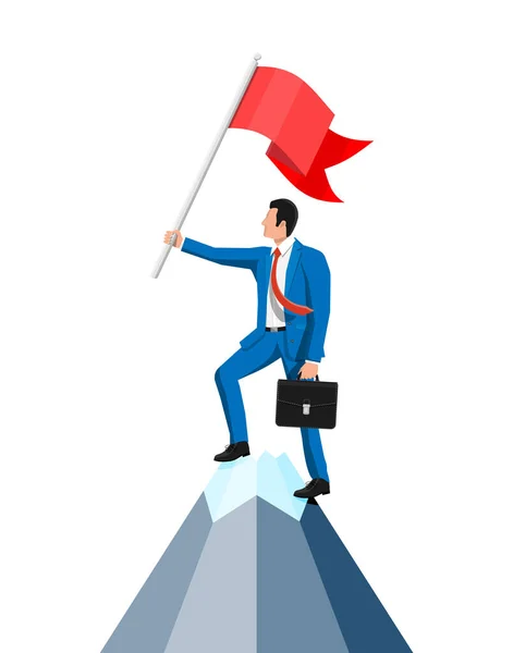 Businessman standing on top of mountain with flag. — Stock Vector