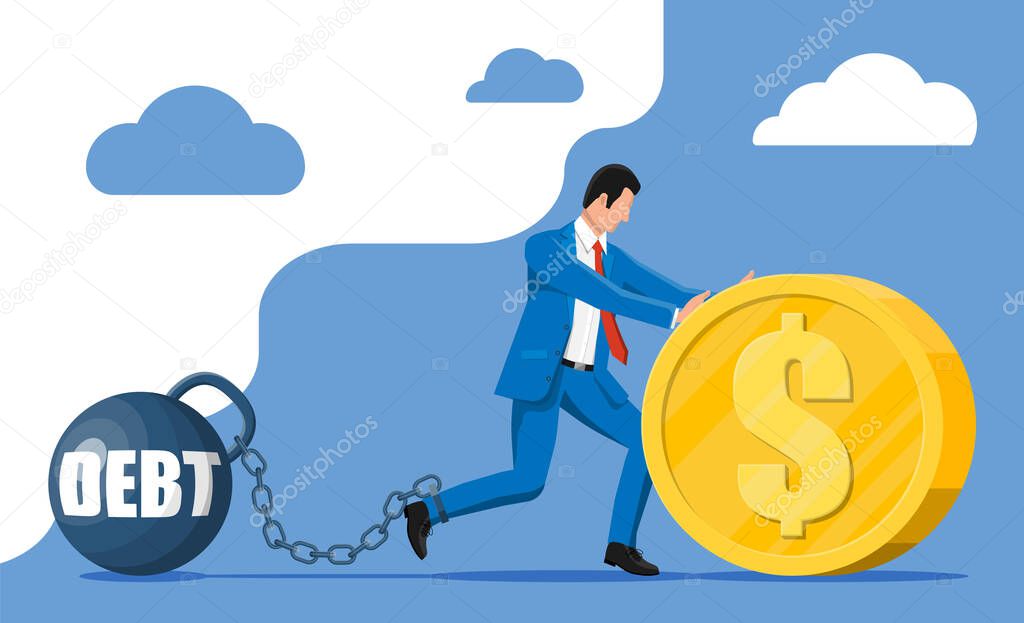 Businessman chained to big heavy debt weight