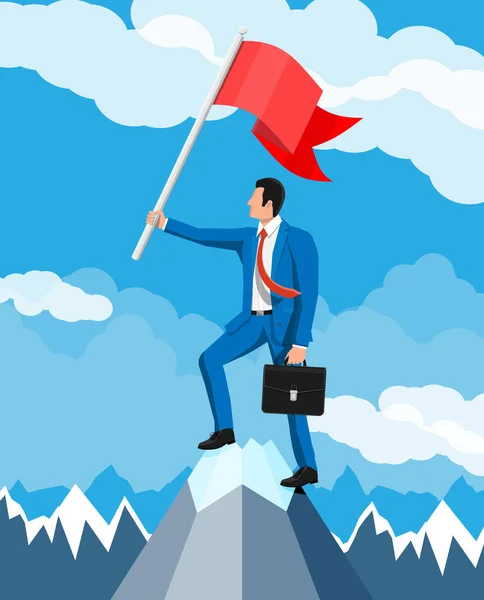 Empresário em pé no topo da montanha com bandeira . — Vetor de Stock
