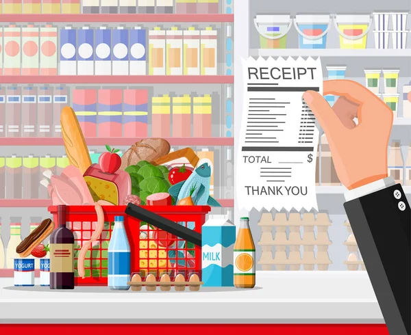 Supermarket interior with goods hand with receipt. — Stock Vector