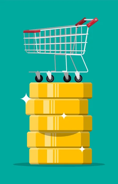 Carrito de compras en pila de monedas de dólar de oro . — Vector de stock