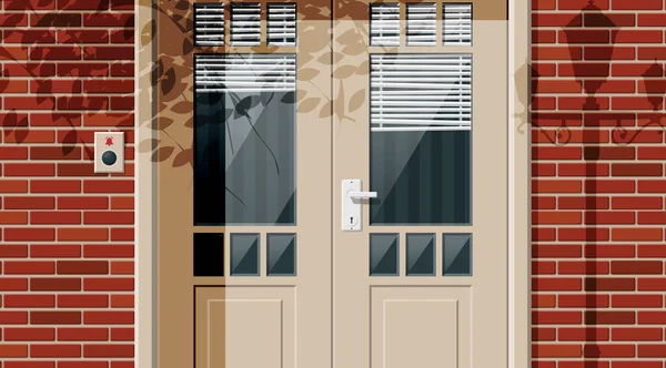 窓と窓のブラインド付きの木造コテージドア. — ストックベクタ