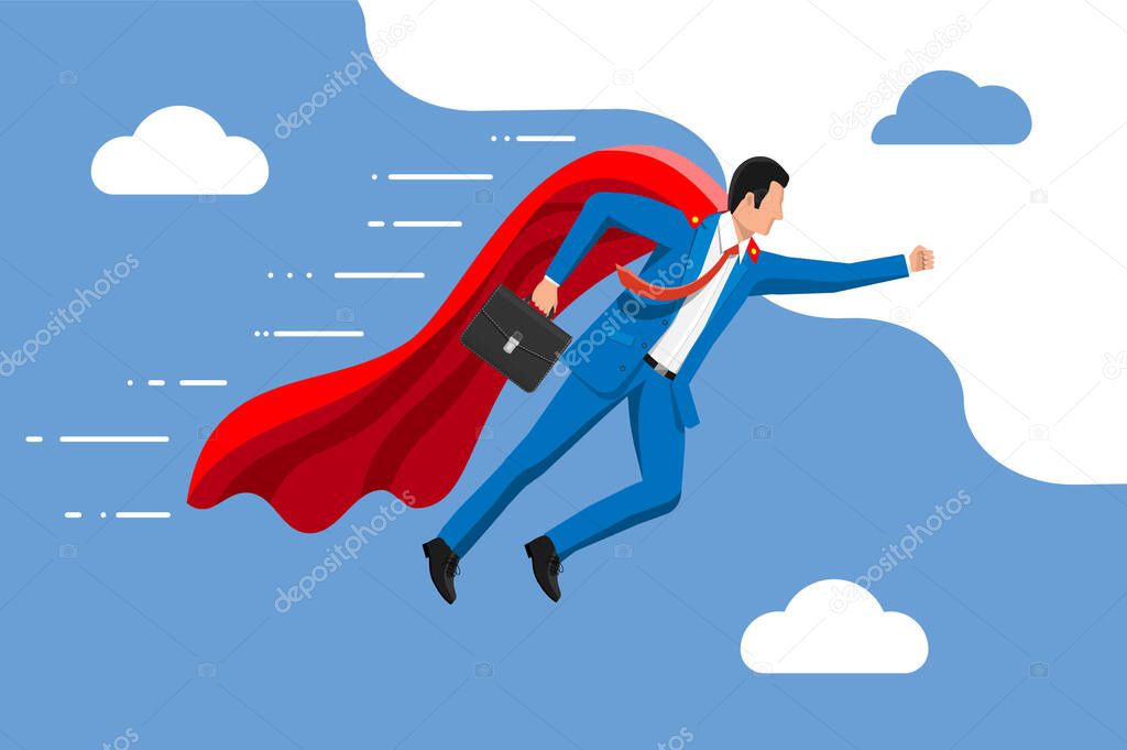 Superhero businessman flying in sky.